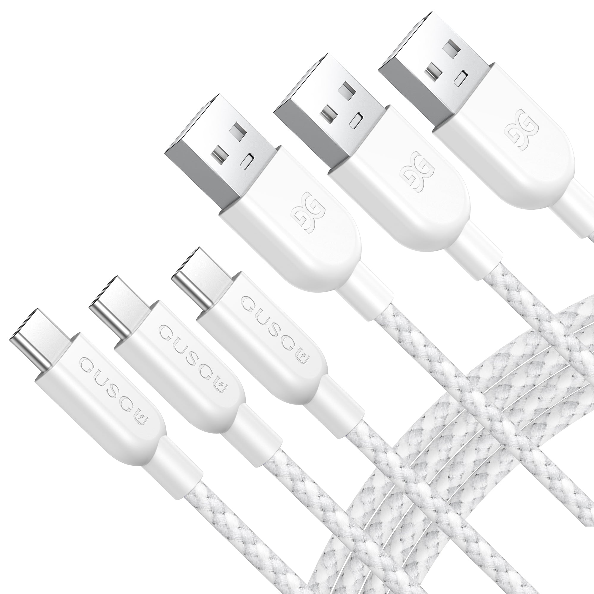 GUSGU USB A to C Charging Cable [3-Pack, 6ft] 30W Nylon Braided USB-C Charger Cable, White