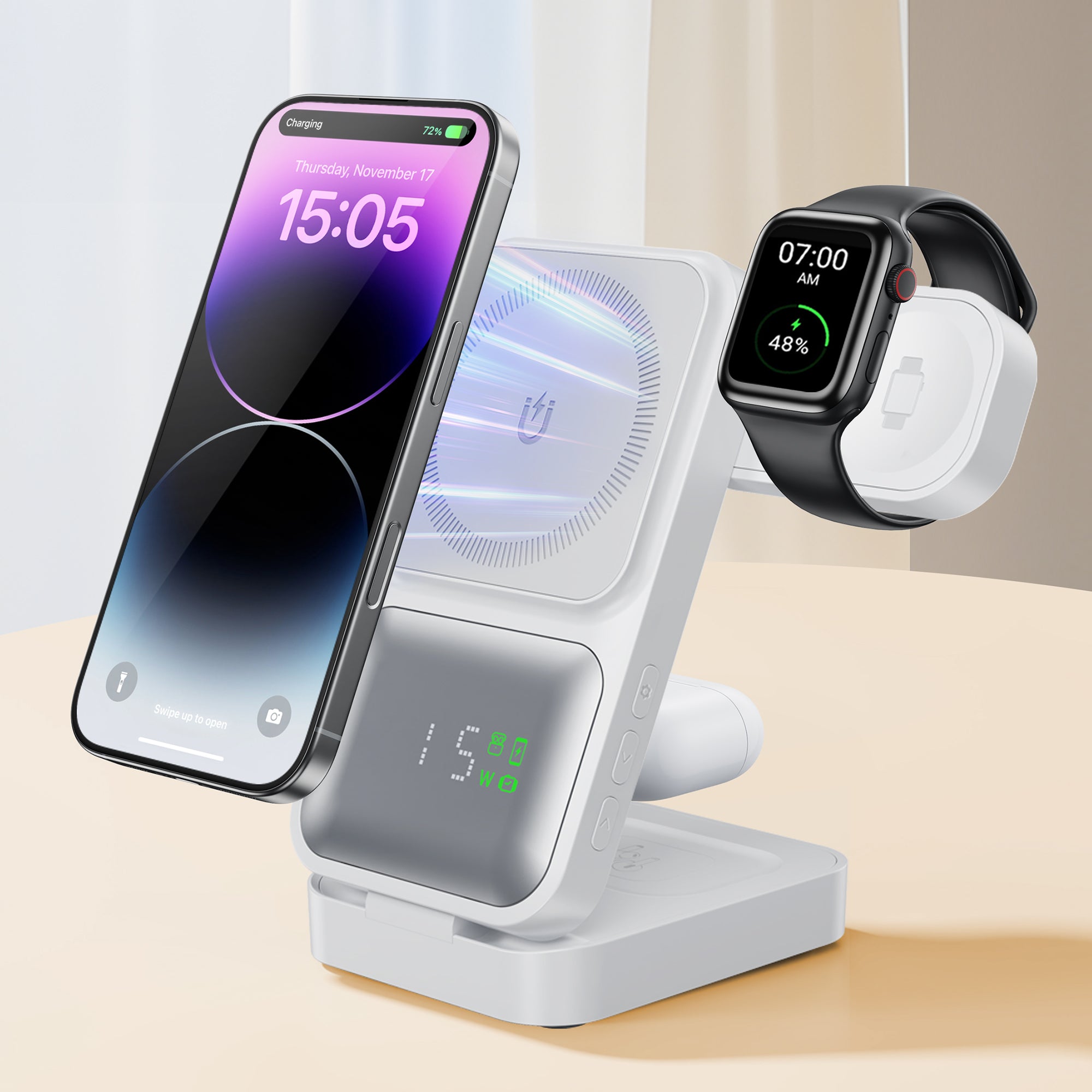 GUSGU MagTime 4-in-1 Charging Station, Foldable Wireless Charger Stand with Time Display for iPhone/Android, White