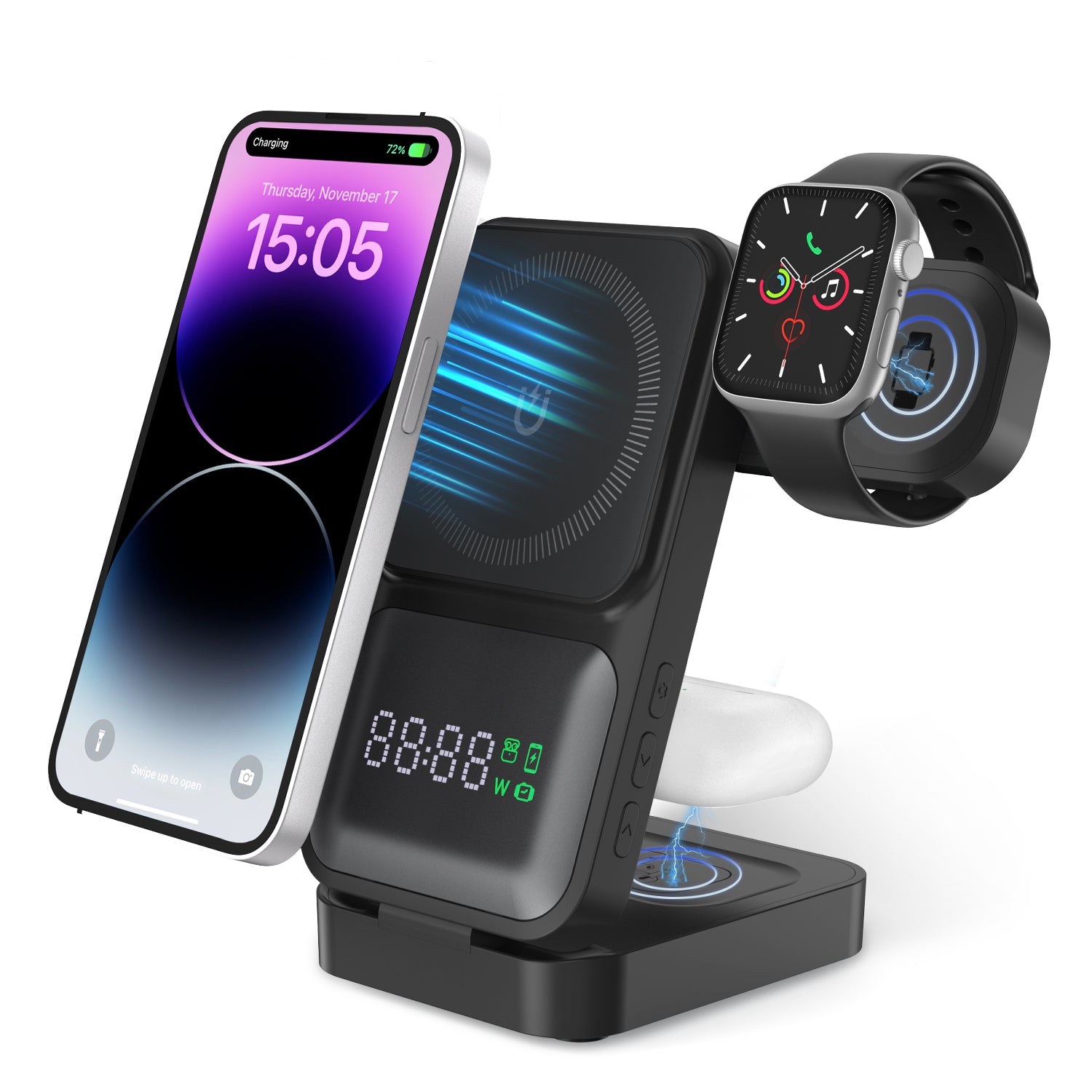 GUSGU MagTime 4-in-1 Charging Station, Foldable Wireless Charger Stand with Time and Charging Power Display for iPhone/Android, Black