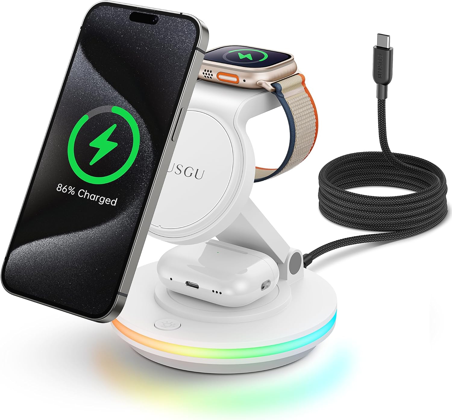 GUSGU 3 in 1 Charging Station with RGB Night Light, 15W Max Fast Charging, Wireless Charger for iPhone, iWatch, AirPods