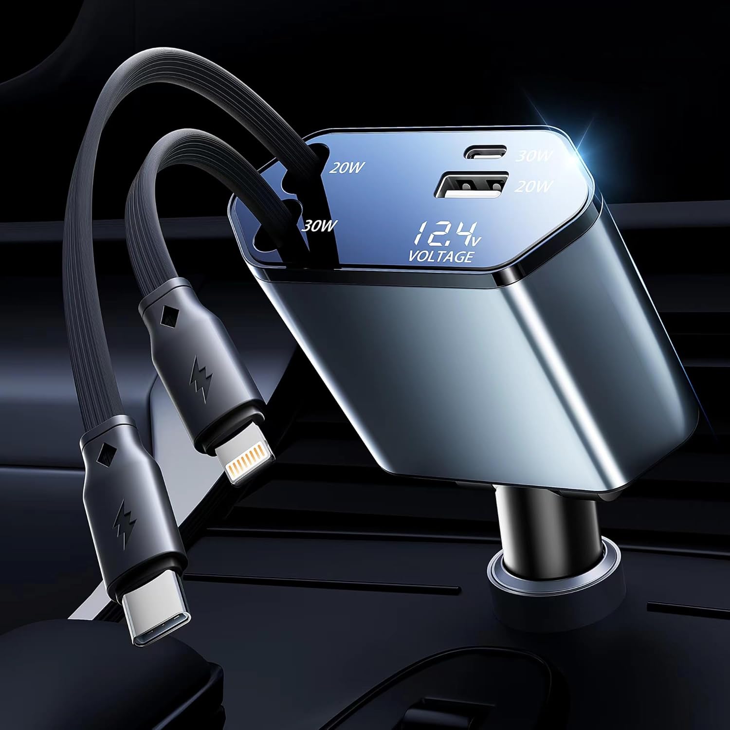 GUSGU 100W 4-in-1 Retractable Car Charger with USB C/Lightning Cable, PD30W