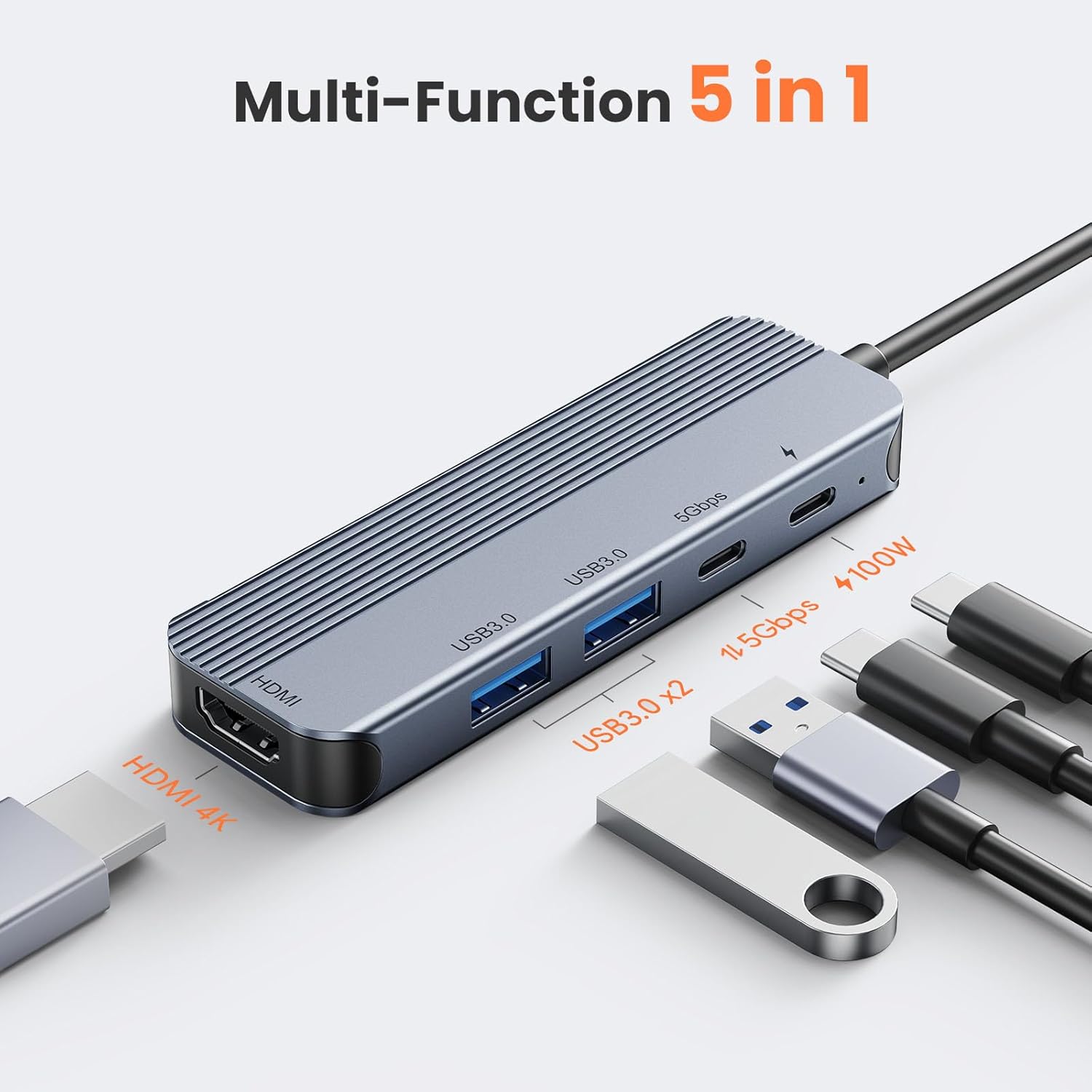 GUSGU USB C Hub with 4K HDMI (5-in-1 Gray), 2*USB 3.0, 5Gbps Type C Port, PD Charging 100W