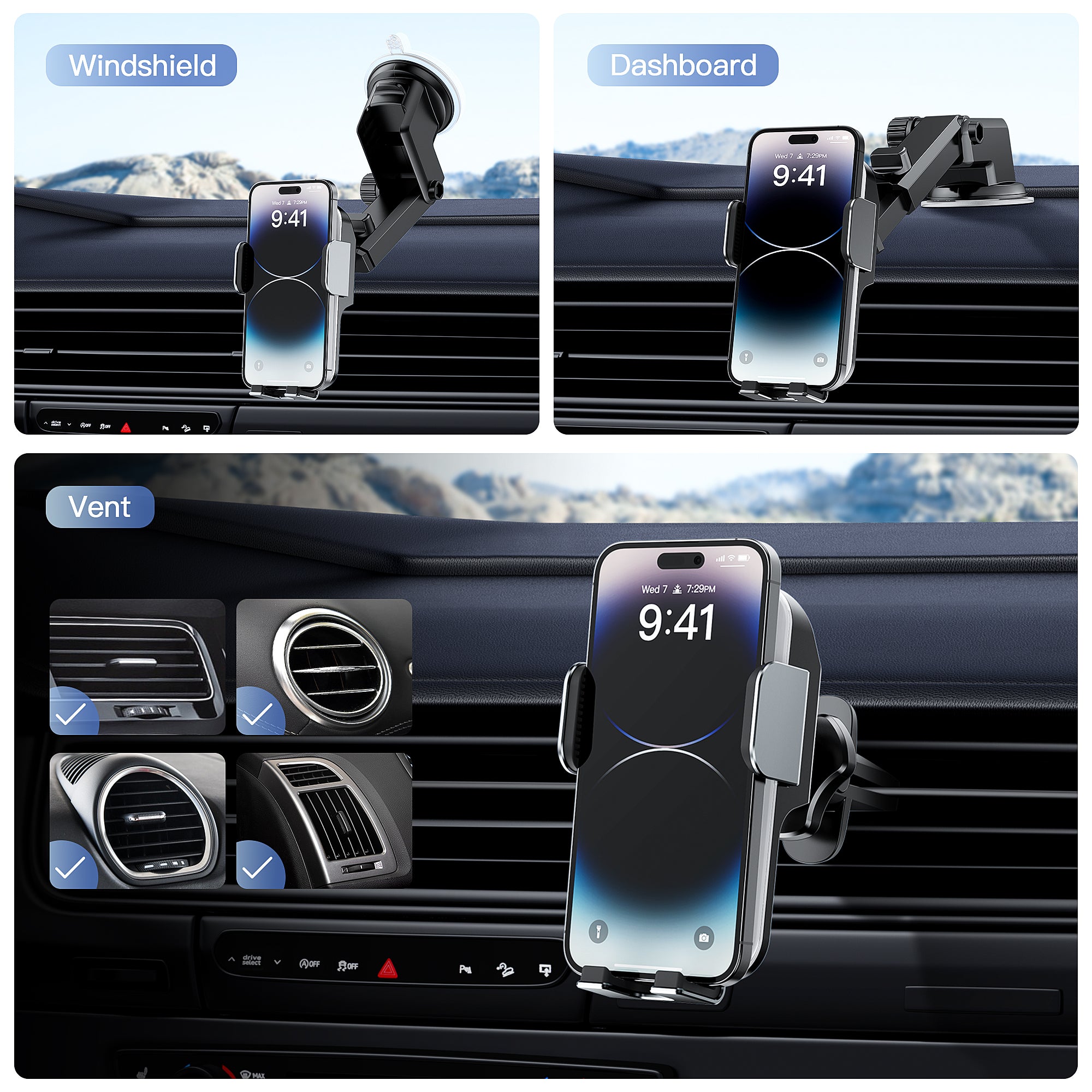 GUSGU Car Phone Holder, Windshield, Dashboard, Vent, 3in1 Automatic Phone Mount for car