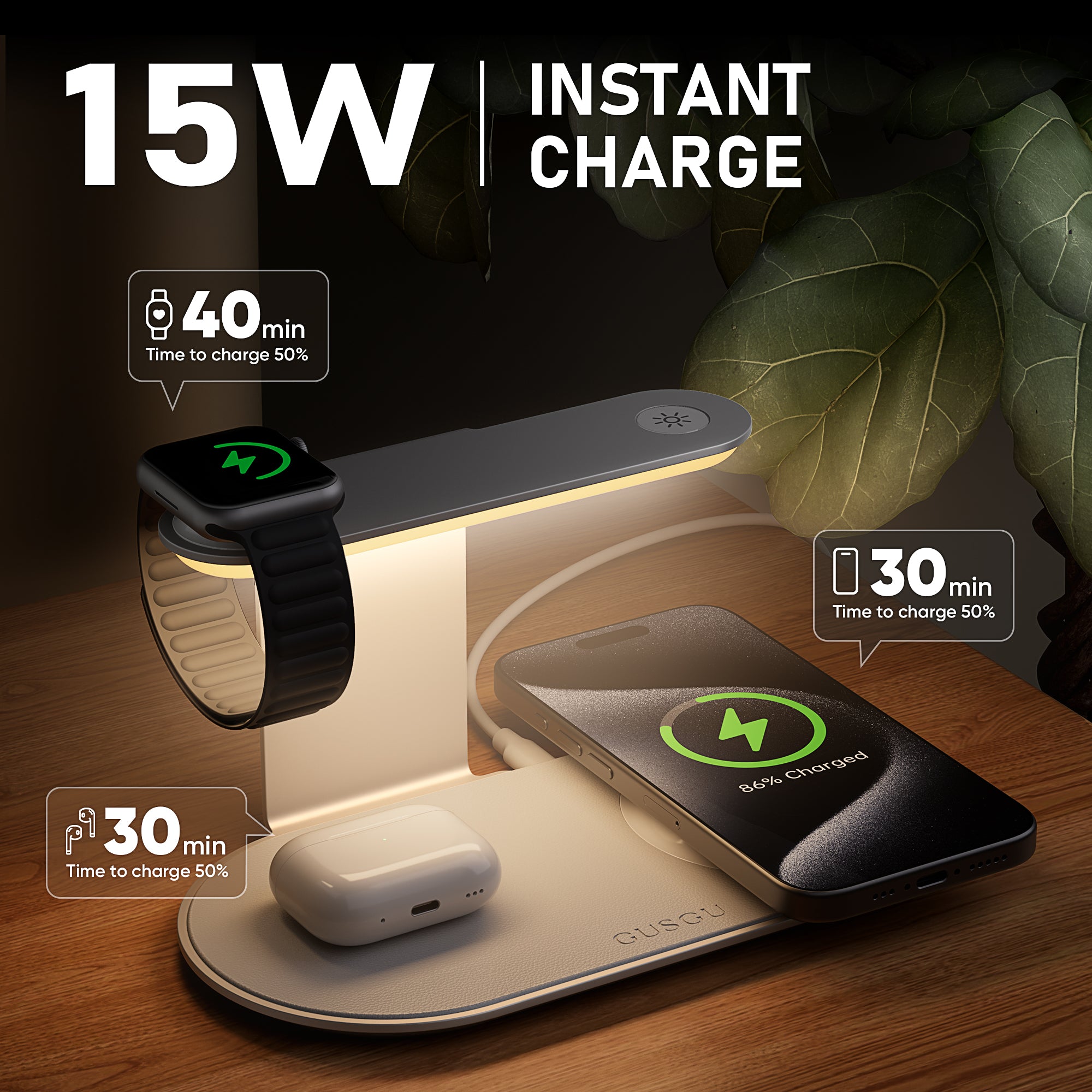 GUSGU 3 in 1 Charging Station with Three-Level Night Light, 15W Max Fast Charging, Wireless Charger for Android/iPhone 15/14/13/12, iWatch S1-8/Ultra, AirPods(30W USB-C Charger Included)