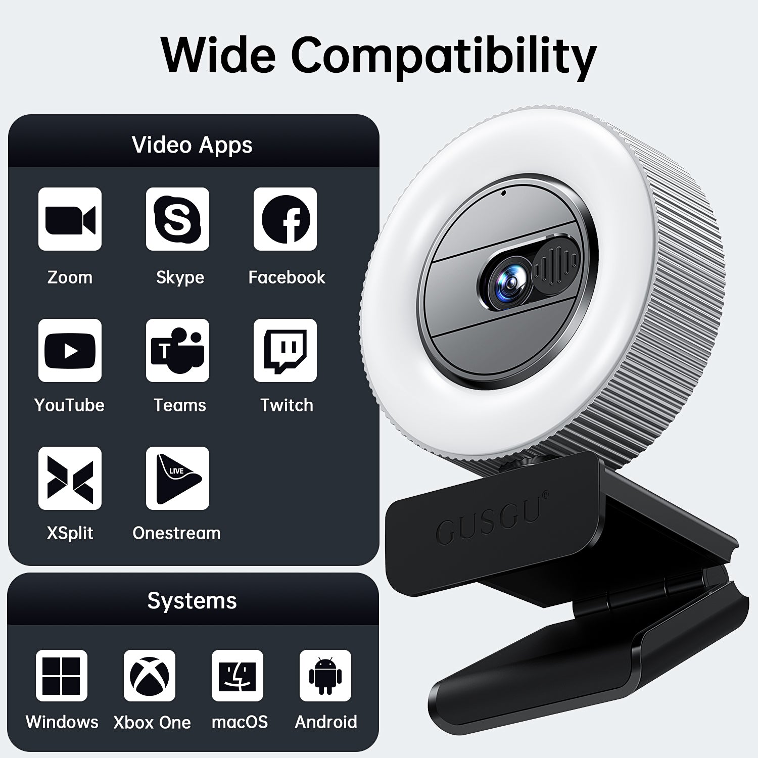 GUSGU Radiant G910 2K QHD Webcam with Privacy Cover and Ring Light