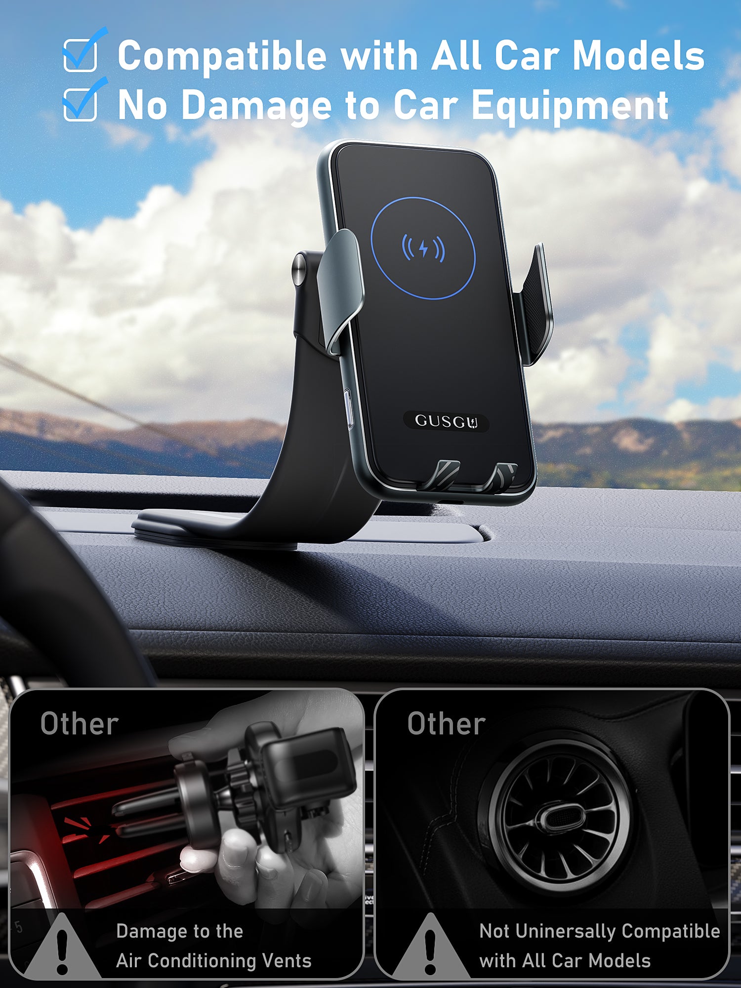 GUSGU E-Mount7 Wireless Car Charger, 15W Magsfe Charging Car Phone Mount for All Qi-Compatible & Magsafe Wireless Charging Phones