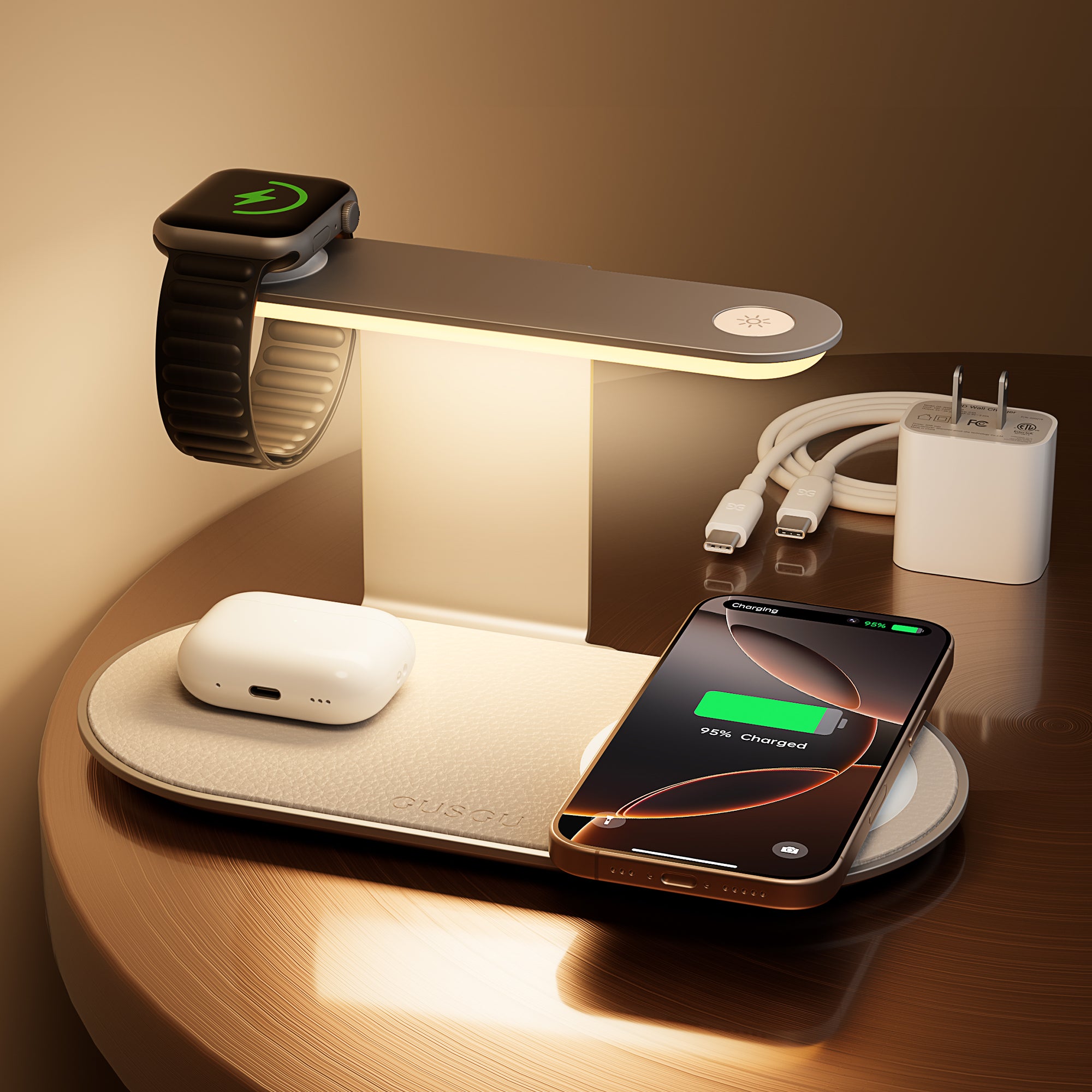 GUSGU 3 in 1 Charging Station with Three-Level Night Light, 15W Max Fast Charging, Wireless Charger for Android/iPhone 15/14/13/12, iWatch S1-8/Ultra, AirPods(30W USB-C Charger Included)