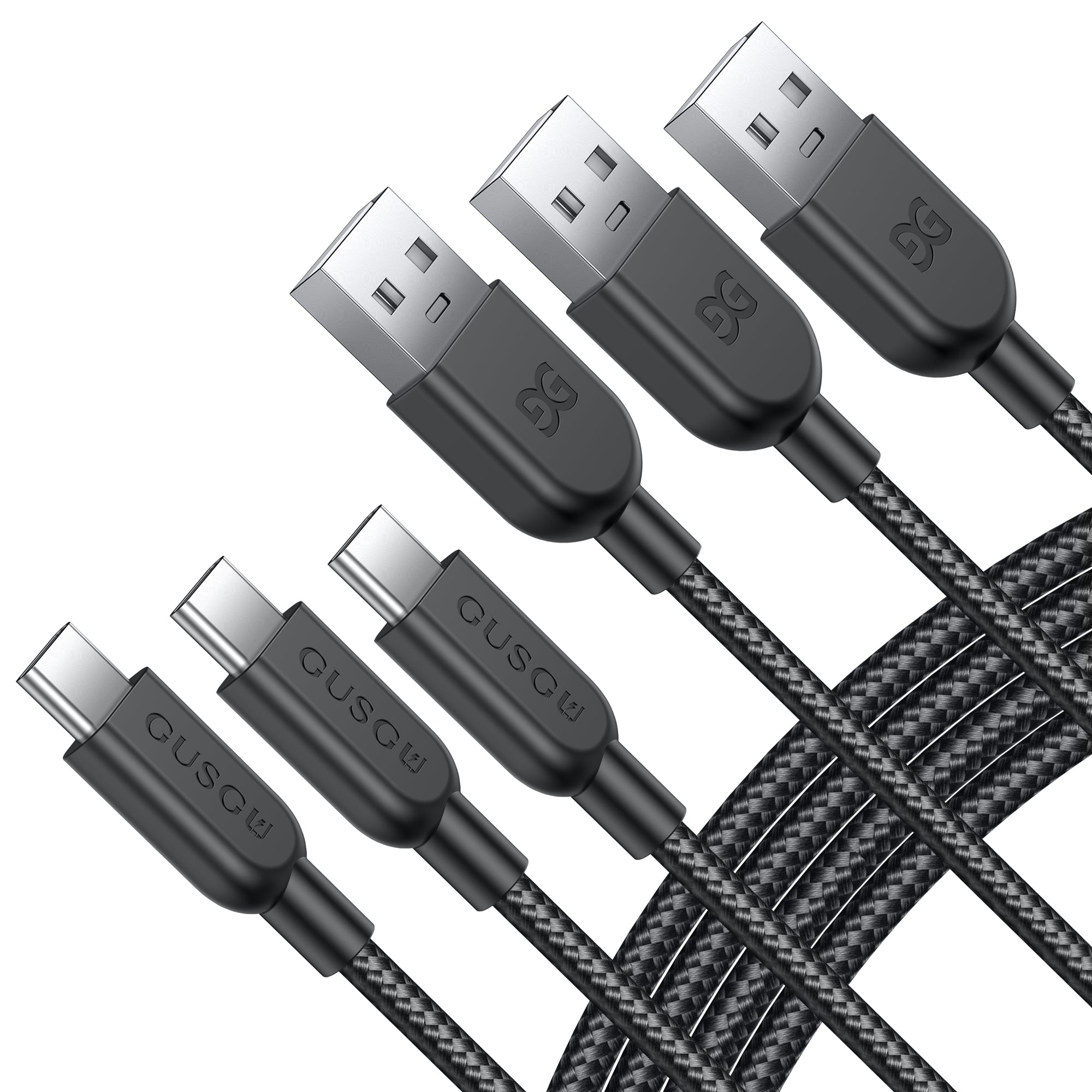 GUSGU USB A to C Charging Cable [3-Pack, 6ft] 30W Nylon Braided USB-C Charger Cable, Black